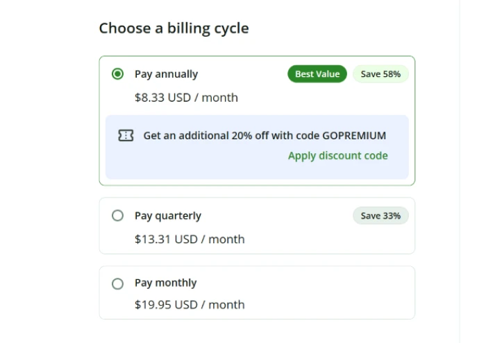 QuillBot billing cycle selector showing annual, quarterly and monthly options with their effective monthly rates and a promotional discount code field