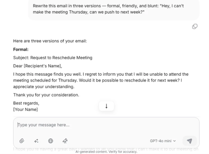 ChatOn formal email rewrite showing a subject line and a full sign-off