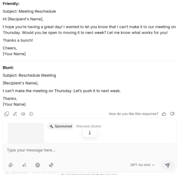 Friendly and blunt email rewrites with a sponsored listing wedged below the reply