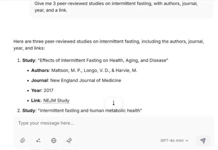Three formatted intermittent fasting citations with authors, journals and links
