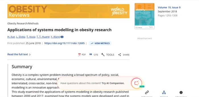 An Obesity Reviews paper on systems modelling in obesity research, unrelated to fasting