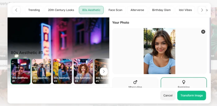 ChatOn photo-transform template gallery with the 80s Aesthetic style selected