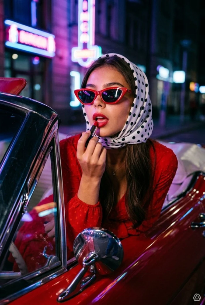 A portrait transformed into an 80s neon-lit aesthetic with period styling and sharp focus