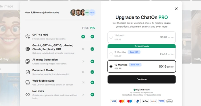 ChatOn PRO upgrade screen presenting per-day pricing across three billing terms