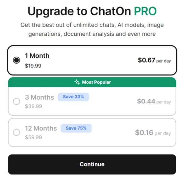 ChatOn PRO plans at 19.99 monthly, 39.99 quarterly and 59.99 yearly, each shown as a per-day rate