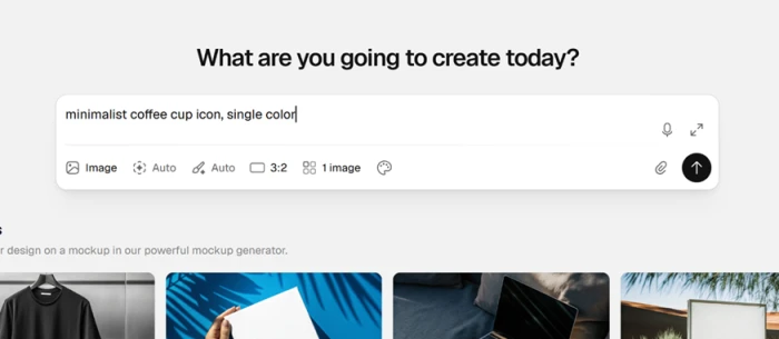 Recraft generation panel with the minimalist coffee cup icon prompt entered, image count set to 1 and aspect ratio set to 3:2