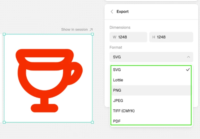 Recraft export panel confirming true vector output at 1248 by 1248 with SVG, Lottie and PDF format options