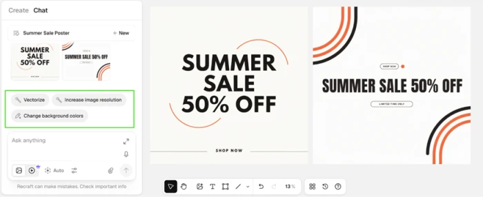 Two Recraft poster variants, both spelling SUMMER SALE 50% OFF correctly with clean modern typography