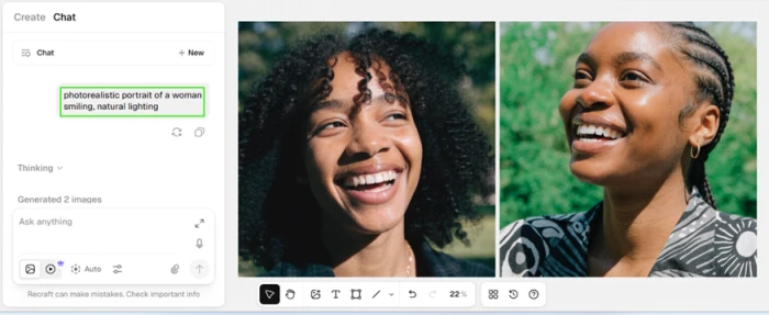 Two Recraft portrait outputs with convincing skin texture, natural light falloff and believable expression