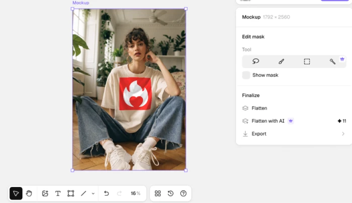 A Recraft product mockup with a flame logo sitting flat on a t-shirt, ignoring the fabric folds and shadows