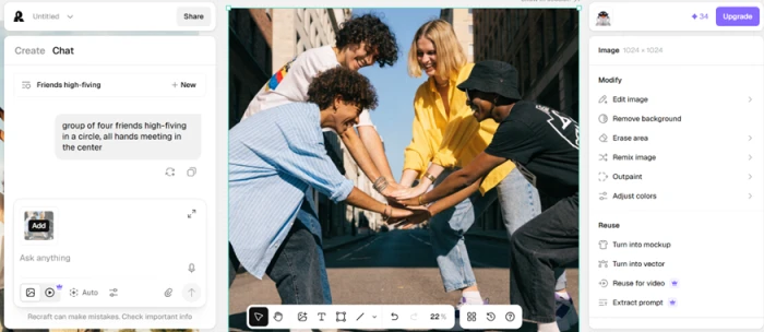 A Recraft image of four friends high-fiving where the four hands merge into a tangled mass of indistinguishable fingers at the center