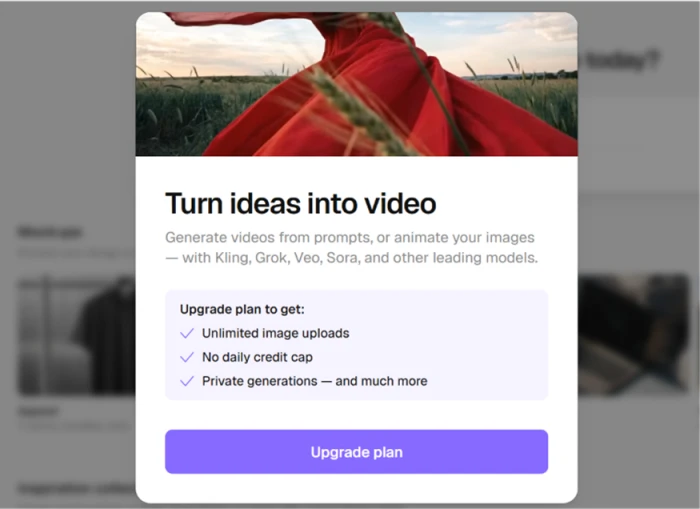 Recraft upgrade wall for video generation naming Kling, Grok, Veo and Sora, and listing free-tier limits including a daily credit cap and no private generations