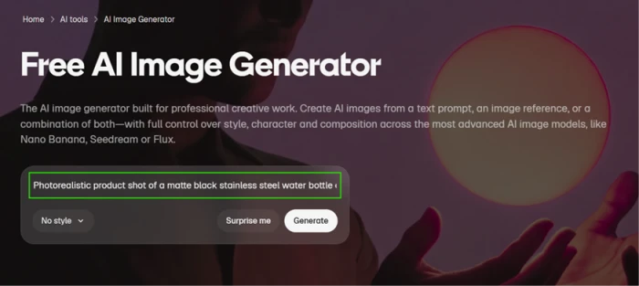 Freepik's Free AI Image Generator page with a product prompt entered before generating