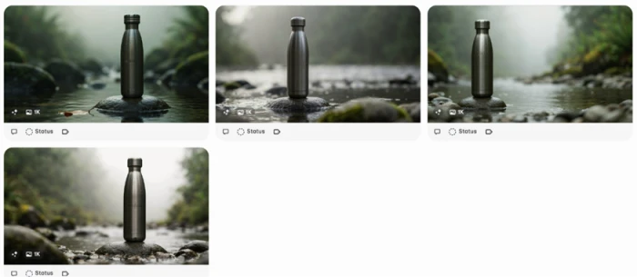Four free-plan image variations of a matte black water bottle at 1K resolution in the Magnific generator