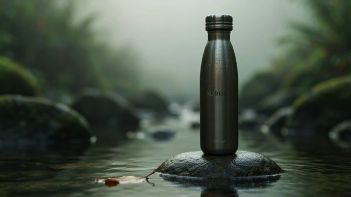The best water bottle result: brushed steel, condensation droplets, background fog, and the label text AURORA 750 ml rendered cleanly