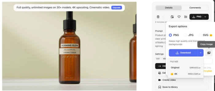A serum bottle image where the MORNING GLOW headline is clean but the small print is garbled, with the 4K export option locked behind an upgrade
