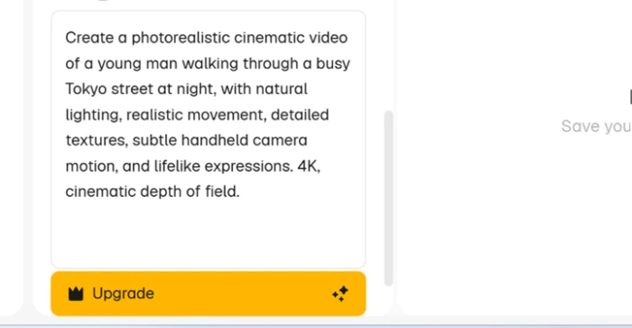 A video prompt for a Tokyo night street clip with the generate button replaced by a yellow Upgrade button
