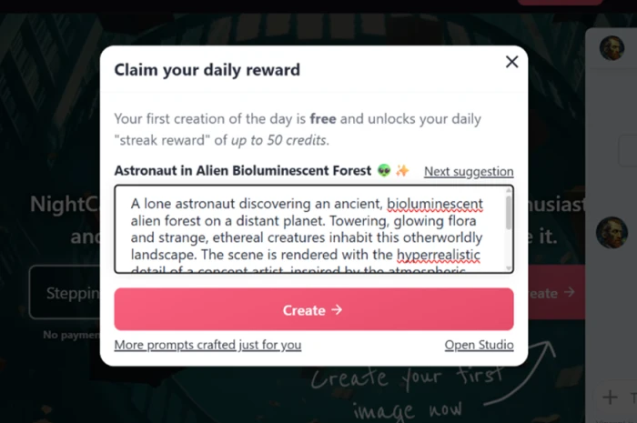 NightCafe daily reward screen offering a free first creation of the day and a login streak reward worth up to 50 credits