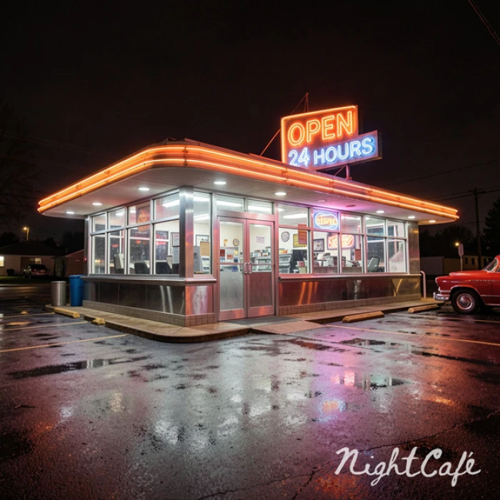 Close crop of the NightCafe diner showing the crisp neon headline text alongside smaller window signs that collapse into garbled shapes