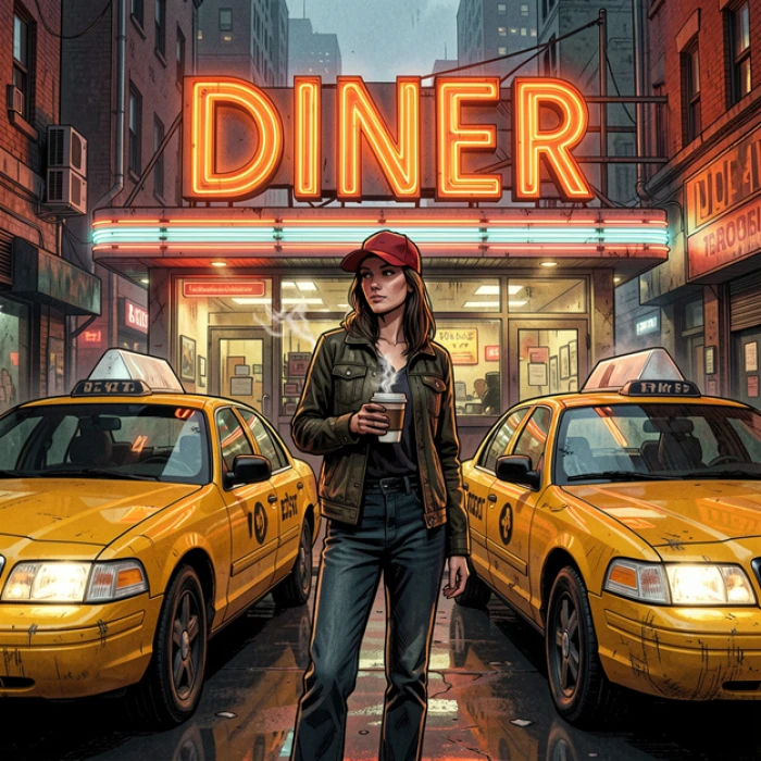 A NightCafe image of a woman in a red baseball cap in front of exactly two yellow taxis with a correctly spelled DINER sign, but the coffee cup is in her right hand