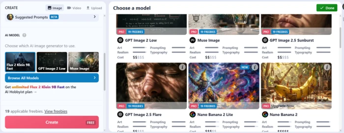 NightCafe model picker listing many models with cost indicators, free models like Flux 2 Klein 9B Fast at the top and PRO-only models carrying an upgrade prompt