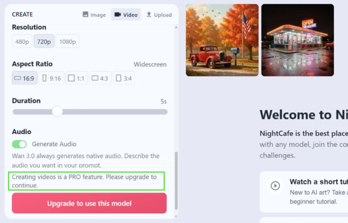 NightCafe video panel showing a message that creating videos is a PRO feature after a resolution and duration were selected