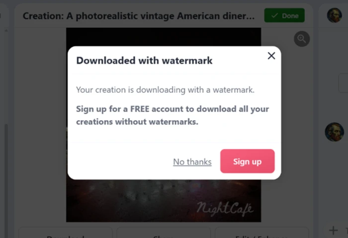 A NightCafe image downloaded while logged out, stamped with a NightCafe watermark across the picture