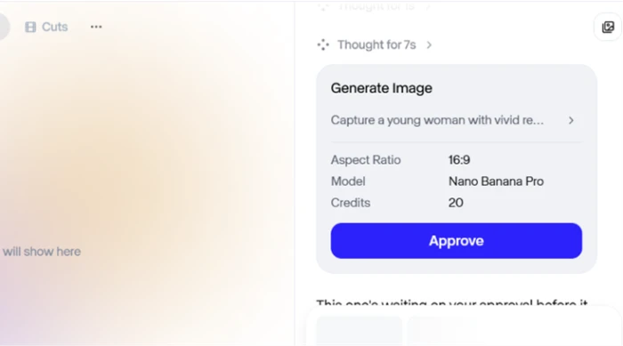 Runway Agent approval card asking for confirmation before spending credits on the portrait