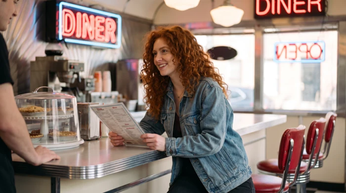 The same red-haired character placed at a diner counter, face and denim jacket unchanged