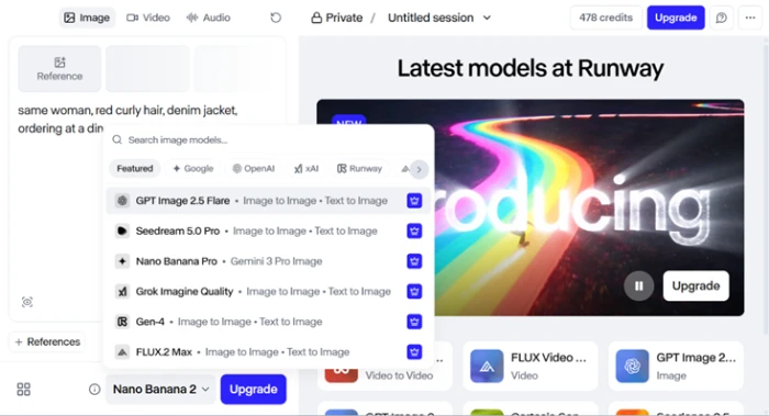 Runway image model picker showing output coming from Nano Banana Pro rather than a Runway model