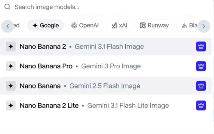 List of Google Nano Banana model variants inside Runway, each marked with an upgrade crown