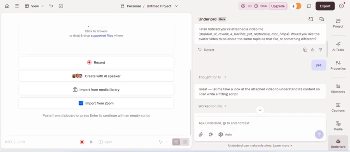 Descript editor view after setup with the AI credit counter reduced from 99 to 93