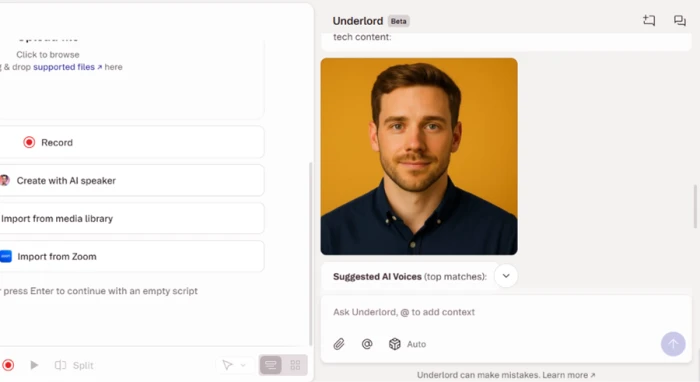 Descript avatar and voice selection screen showing a stock presenter still photo and narrator voice previews