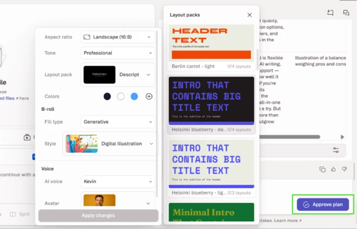 Descript's Underlord production plan showing a script summary, chosen voice and avatar, color palette, runtime, and a scene-by-scene table