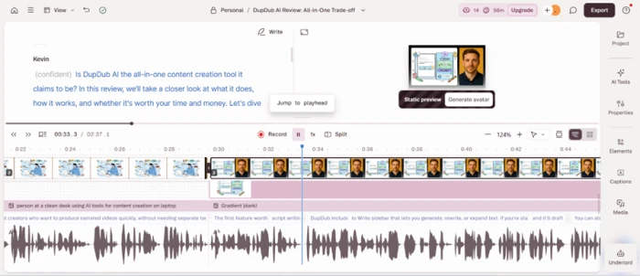 Descript timeline showing generic AI cartoon b-roll of a figure at a desk instead of the uploaded footage