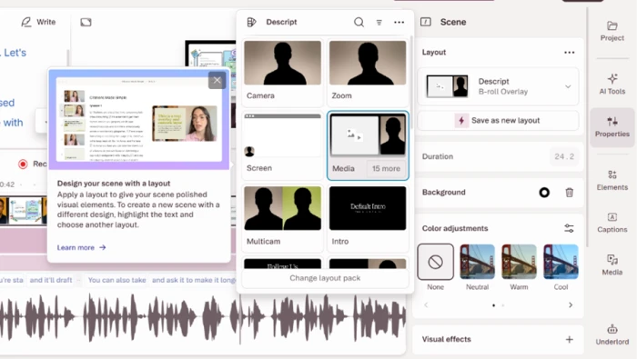 Descript editor showing layout packs such as Camera, Zoom, Screen, and Media for restyling a scene