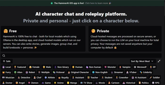 HammerAI homepage showing the free-and-private pitch and a character filter bar