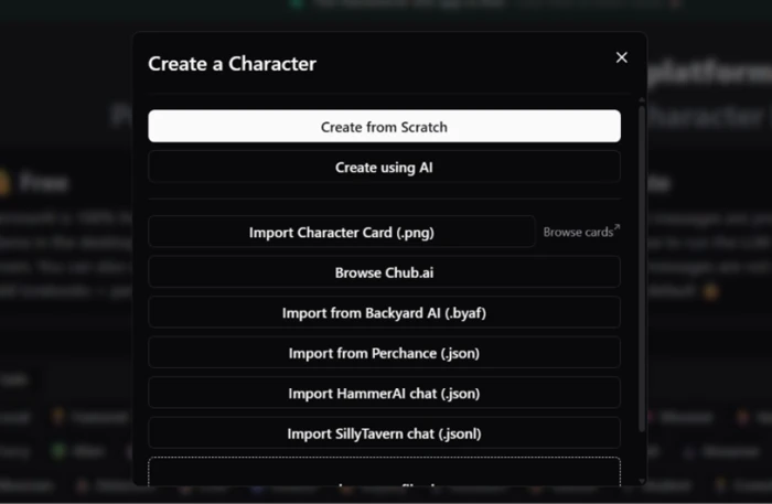 HammerAI character import screen listing Chub.ai, SillyTavern, Backyard AI, Perchance, and PNG card options