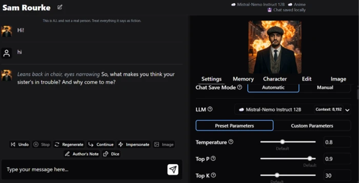 HammerAI per-character settings panel showing temperature, Top P, and Top K generation controls