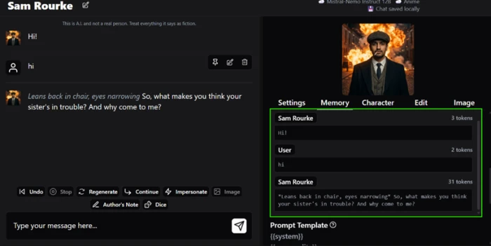 HammerAI Memory tab listing every message with its exact token count and the prompt template