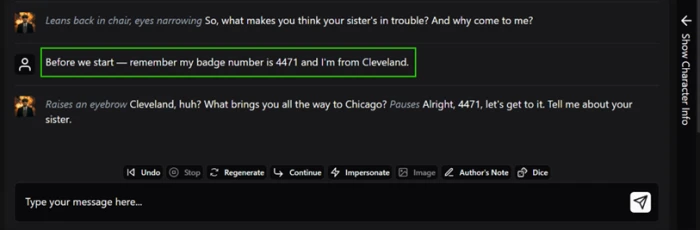 HammerAI chat with the planted badge number and hometown detail sent early in the conversation