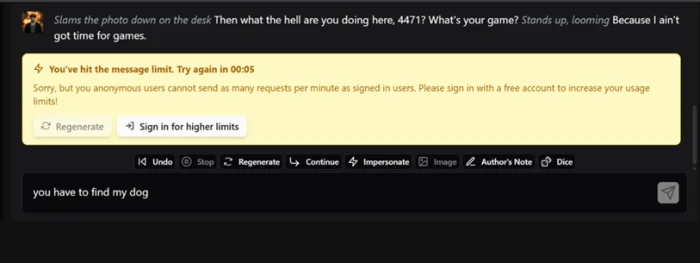 HammerAI message limit notice telling anonymous users they get fewer requests per minute than signed-in users