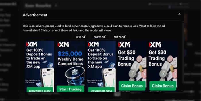 HammerAI ad modal serving XM forex and CFD trading promotions, some tagged NSFW