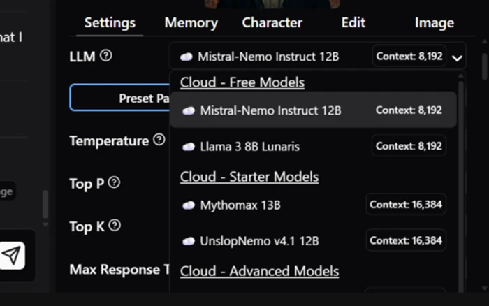 HammerAI model picker split into free cloud models and locked Starter and Advanced paid tiers