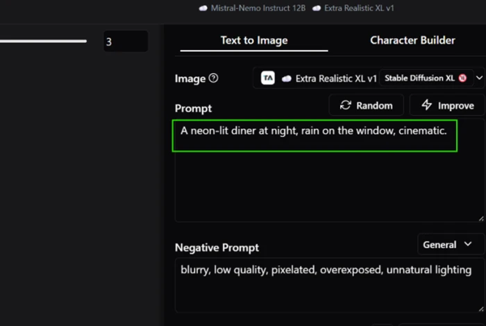 HammerAI Text to Image screen with a neon diner prompt, an SDXL model selected, and a negative prompt
