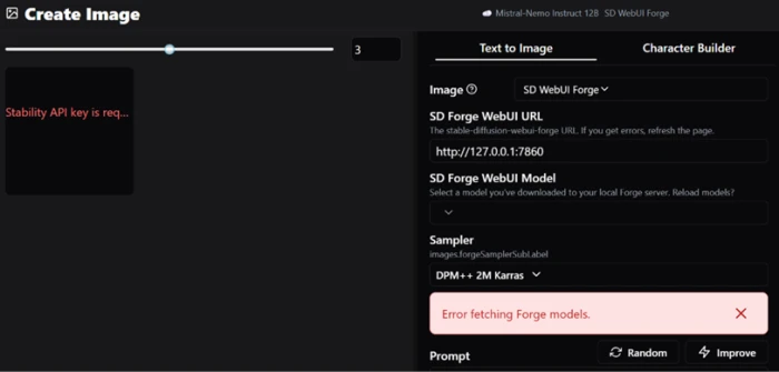 HammerAI SD WebUI Forge option erroring because no local Stable Diffusion server is running