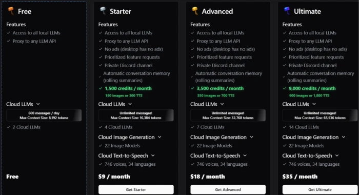 HammerAI pricing page showing Free, Starter, Advanced, and Ultimate plan cards with monthly prices and features
