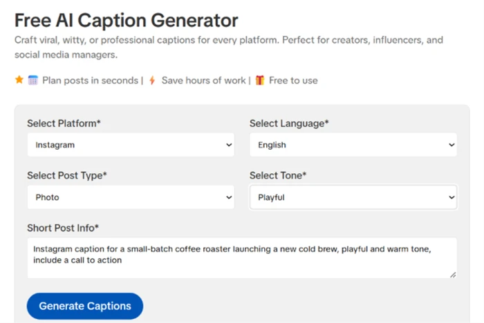 SmartPostly caption generator setup screen with platform, language, post type, and tone selectors above a brief field
