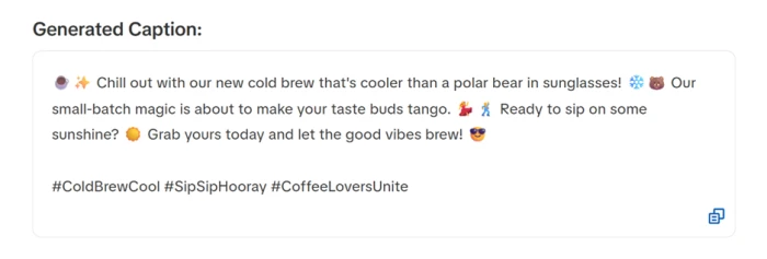 Generated Instagram caption for a small-batch coffee roaster's cold brew, ending on a Grab yours today call to action