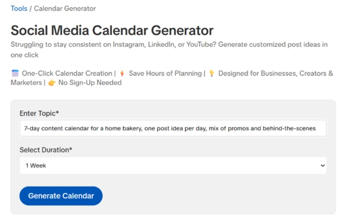 SmartPostly content calendar generator input asking only for a topic and a duration